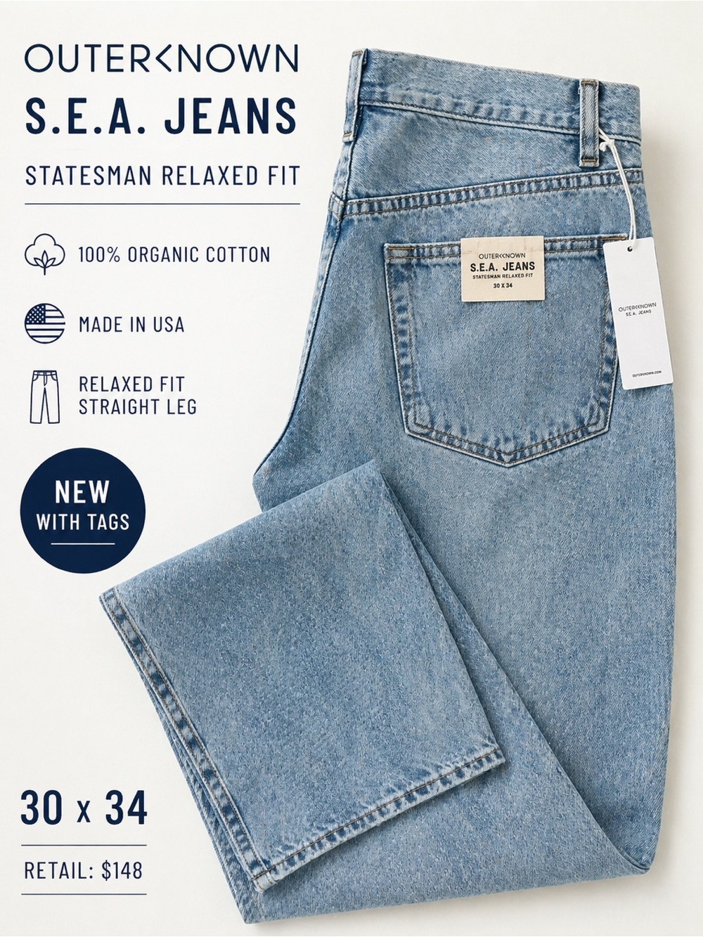 Outerknown S.E.A. Jeans Statesman Relaxed Fit 30x34 USA Made Organic Denim NWT